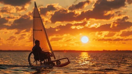 Sunset sailing person with mobility aid steering the boat freedom on water - obrazy, fototapety, plakaty
