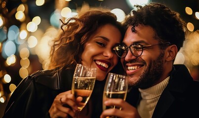 happy couple celebrating, holding glasses of champagne, cheering, toast, celebration, wedding, birthday, New Year's Eve, fireworks and lights, smiling, Generative AI