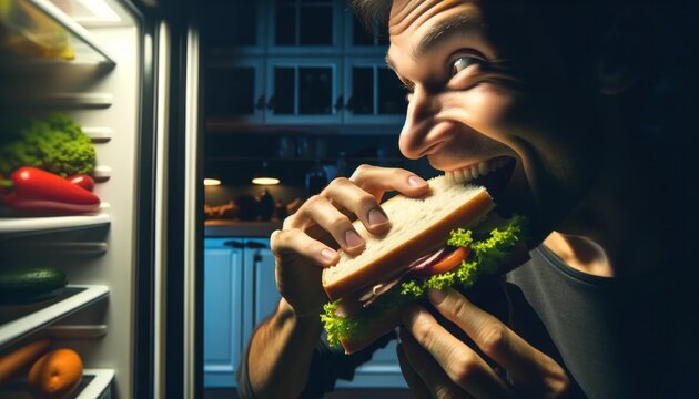 A person sneakily enjoying a sandwich by fridge light at midnight