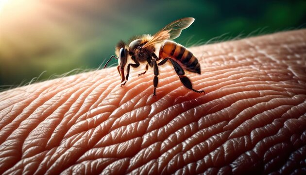 Close-up of a bee about to sting human skin, highlighting the moment and detail