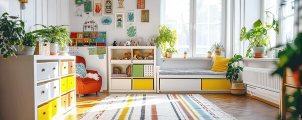 White airy child room with colourful storage shelves and cozy bed.