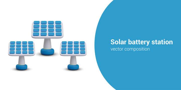 Set of blue solar panels on stand. Solar battery farm. Modern equipment