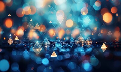 Blue triangle background, bokeh, triangular, blurred triangles background, light with shapes, blurry light, blurry background colorful, night lights, city lights, Generative AI