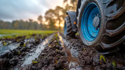 Zelfklevend Fotobehang Tractor track in wet field. © Janis Smits