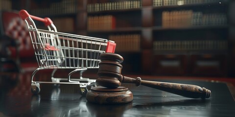Consumption and justice, anti-counterfeiting, shopping and fairness，Wooden judge gavel and shopping cart on black table. Commercial law and consumers rights concept