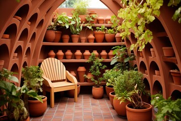 Fototapeta na wymiar Terracotta Pot Paradise: Minimalist Rooftop Garden Designs and Cozy Seating Nook Bouquet