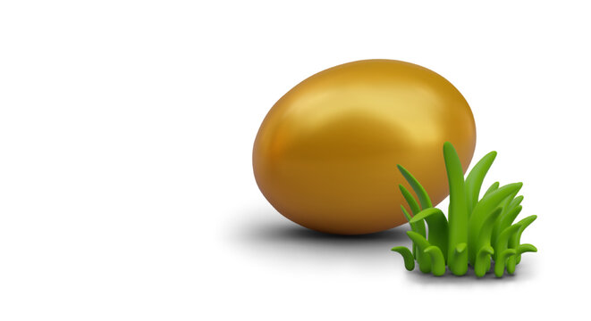 Egg hunting concept. Golden egg near green grass. Festive Easter composition