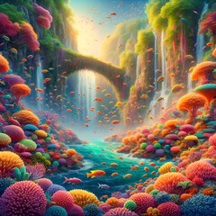  vibrant coral reef teeming with colorful fish, with a waterfall .