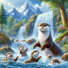 Family of otters playing in a mountain stream 