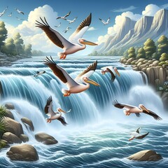 illustration of a group of pelicans gliding gracefully above a turbulent waterfall