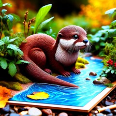  A scene of a playful otter sliding down a riverbank. AI Generated.