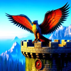  regal falcon perched on a castle turret. AI Generated