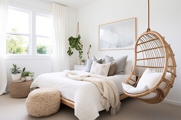 Coastal Serenity: Modern Eclectic Mix Bedroom Ideas with Rattan Chair