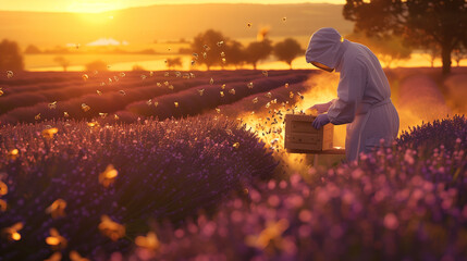 Sunset Beekeeping in Lavender Fields