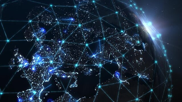 Global network connection and data connections concept. Worldwide links on planet earth at night. Earth in open space and digital web. World communication technology. Blue black background. 4k footage