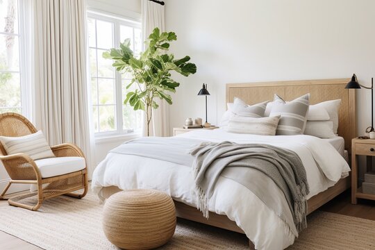 Coastal Serenity: Modern Eclectic Mix Bedroom Ideas with Rattan Chair