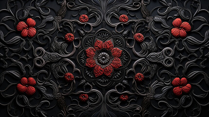 Intricate Black and Red Floral Carving or embroidery on Dark Background