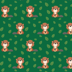 Vector children's illustration. Forest animals, Beavers and juicy twigs with leaves. The pattern for printing.