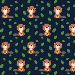 Vector children's illustration. Forest animals, Beavers and juicy twigs with leaves. The pattern for printing.