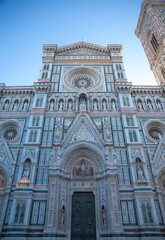 Fototapeta premium look up of the Cathedral of Santa Maria del Fiore with blue sky, Florence, Italy