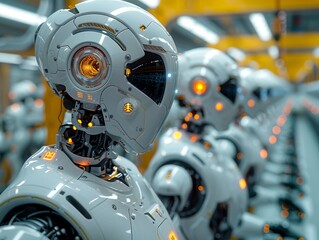 Fototapeta premium Robots working on an electronic assembly line. A robot used in the smart technology manufacturing process.