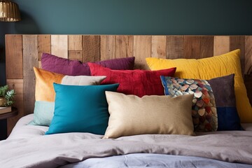 Natural Wood Headboard and Colorful Pillow: Modern Eclectic Mix Bedroom Ideas - obrazy, fototapety, plakaty