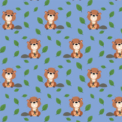 Vector children's illustration. Forest animals, Beavers and juicy twigs with leaves. The pattern for printing.