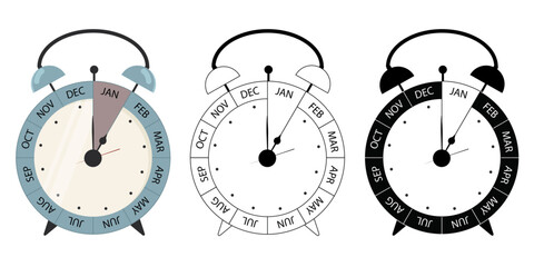 Set of 12-month alarm clocks with hands pointing to January January. January meeting. January appointment. isolated on white background. Outlines. pictogram. Time management concept - stock vector
