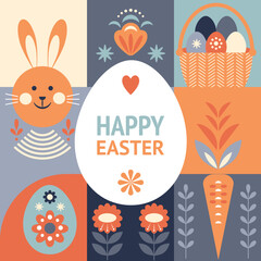 Happy Easter card design, Easter egg card in geometric flat modern style  - 746473311