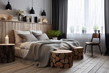 Wood Stump Table & Sheer Curtain Fusion: Modern Eclectic Mix Bedroom Ideas for a Cozy Vibe