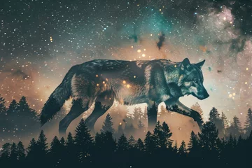 Foto op Plexiglas A wolf overlaid with the silhouette of a dense forest under a starry night sky in a double exposure © PinkiePie