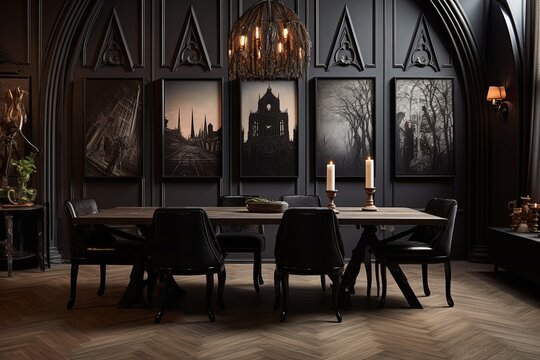 Stucco Walled Gothic Dining Delight: Dark Art Posters Overlap in Modern Design