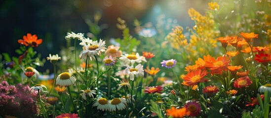 A grouping of vibrant flowers contrast against the lush green grass in a small garden. The delicate petals stand out against the blades of grass, creating a colorful and natural display in the outdoor