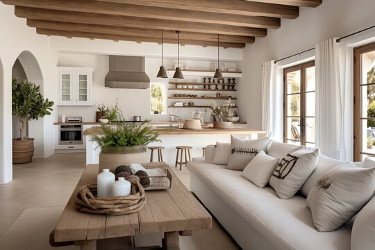 Modern Rustic Mediterranean Kitchen Design with White Sofa and Log Details