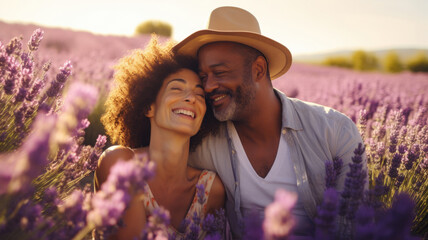 Mature Mixed Race Couple Enjoying Sunshine in Summer Lavender Field copy space