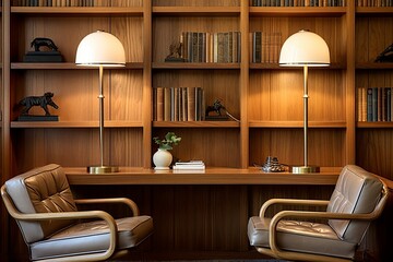 Contemporary Lamps in a Modern Twist on Timeless Classic Library with Abstract Wood Paneling