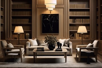 Modern Abstract Library: Contemporary Lamps & Wood Paneling Twist
