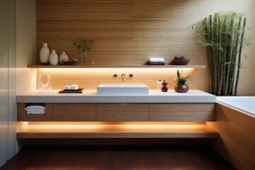 Fototapeta na wymiar Stunning Bamboo Accent Walls in Modern Minimalist Bathrooms