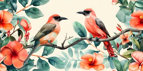 Deurstickers Boho dieren Exotic watercolor illustrations of birds animals and plants in a pastel pattern seamless background. Concept Watercolor Illustrations, Exotic Animals, Pastel Pattern, Seamless Background
