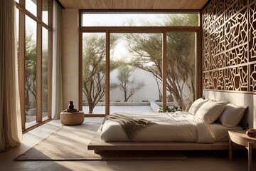 Organic Minimalist Bedroom in Modern Villas: Grid Windows and Organic Patterned Textiles