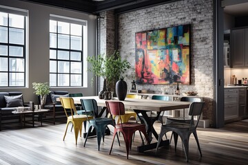 Fototapeta na wymiar Monochromatic Palettes with Pops of Color in Urban Loft Dining: A Contemporary Harmony
