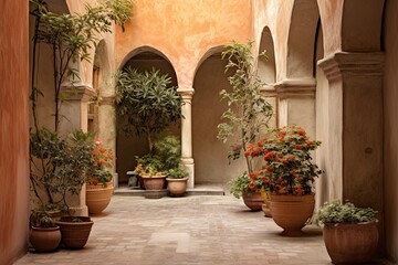 Fototapeta na wymiar Muted Color Palettes with Terracotta Splashes: Spanish Courtyard Elegance