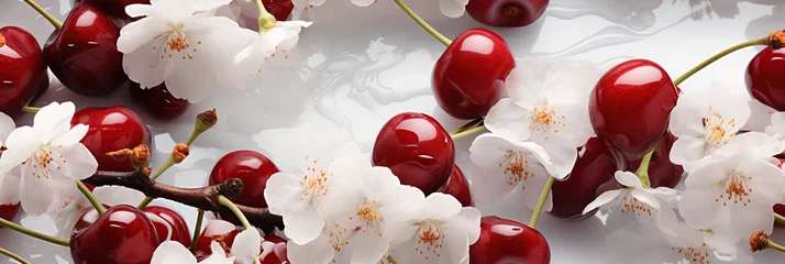 Foto auf Acrylglas seamless pattern with red cherry berries with blooming flowers on white background © alexkoral