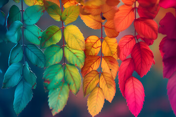 Banner with brightly colored leaves and branches on a blurred background. Concept design for wallpaper, background, and autumn cards with copyspace