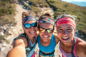 Photo of three happy girls taking selfie while running - 746474782