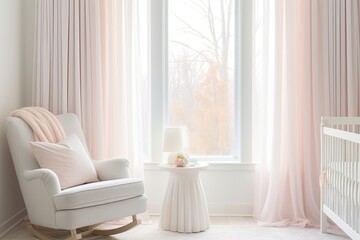 Muted Pastel Nursery Designs: Sheer Curtains and Natural Light Harmony - obrazy, fototapety, plakaty