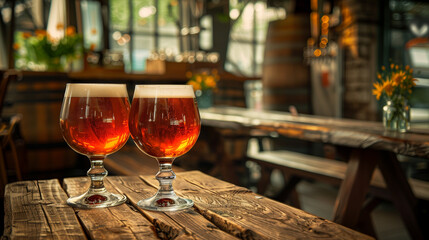 two goblet glasses of ale beer on wooden table inside bar in the afternoon