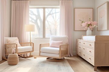 Fototapeta na wymiar Natural Wood and Soft Pastels: Cottagecore Nursery Room in Dreamy Details