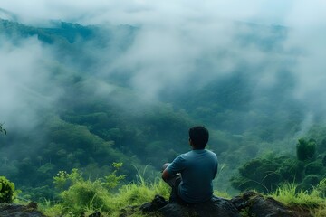 person sitting at the mountains high cloudy mountains 