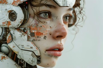 Hyper-realistic Woman in Robotic Helmet and Spacesuit